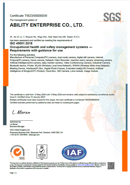 ISO45001_2018 職業安全衛生管理系統 證書(佳能企業)